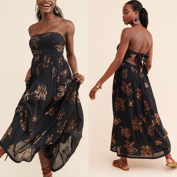 Free People / Baja Babe Black Floral Print Strapless Tie-Back Midi Dress - Picture 4 of 16
